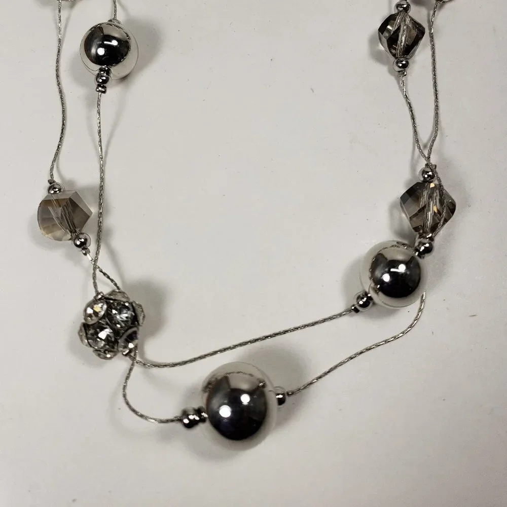 Layered Shimmering Silver-tone Crystal Ball Beaded Necklace & Matching Earrings